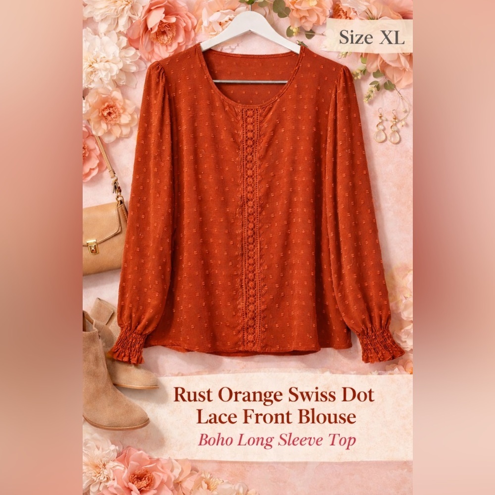 Rust Orange Swiss Dot Lace Front Blouse XL